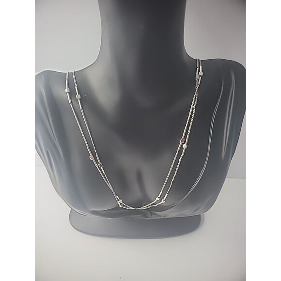 Vintage Necklace Silver Tone Double Strand Chain Bead Bar Jewelry Costume - Picture 5 of 12